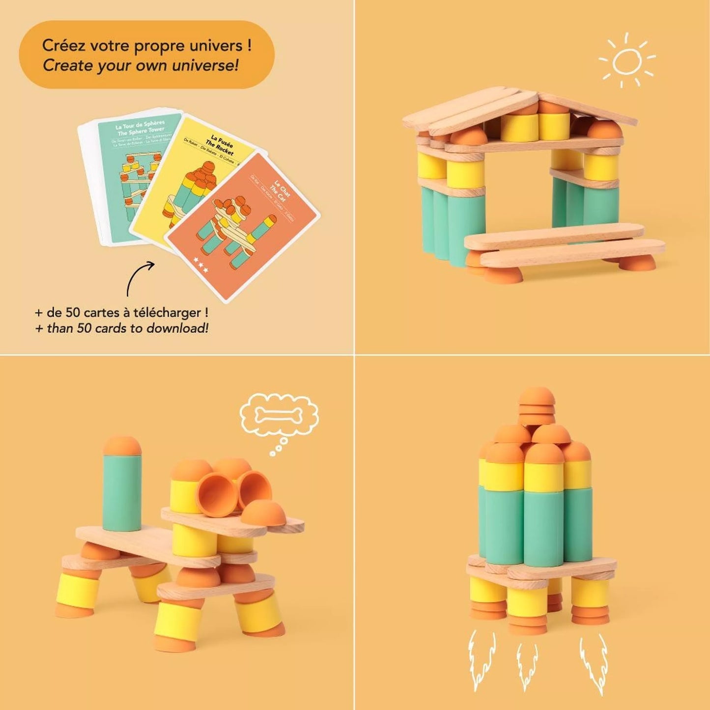 Wooden educational construction toy - Stix (60 pcs)