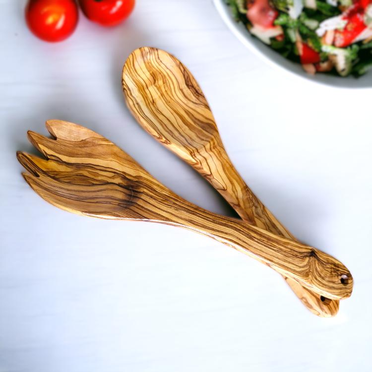 Handcrafted Olive Wood Salad Server Set - 28cm
