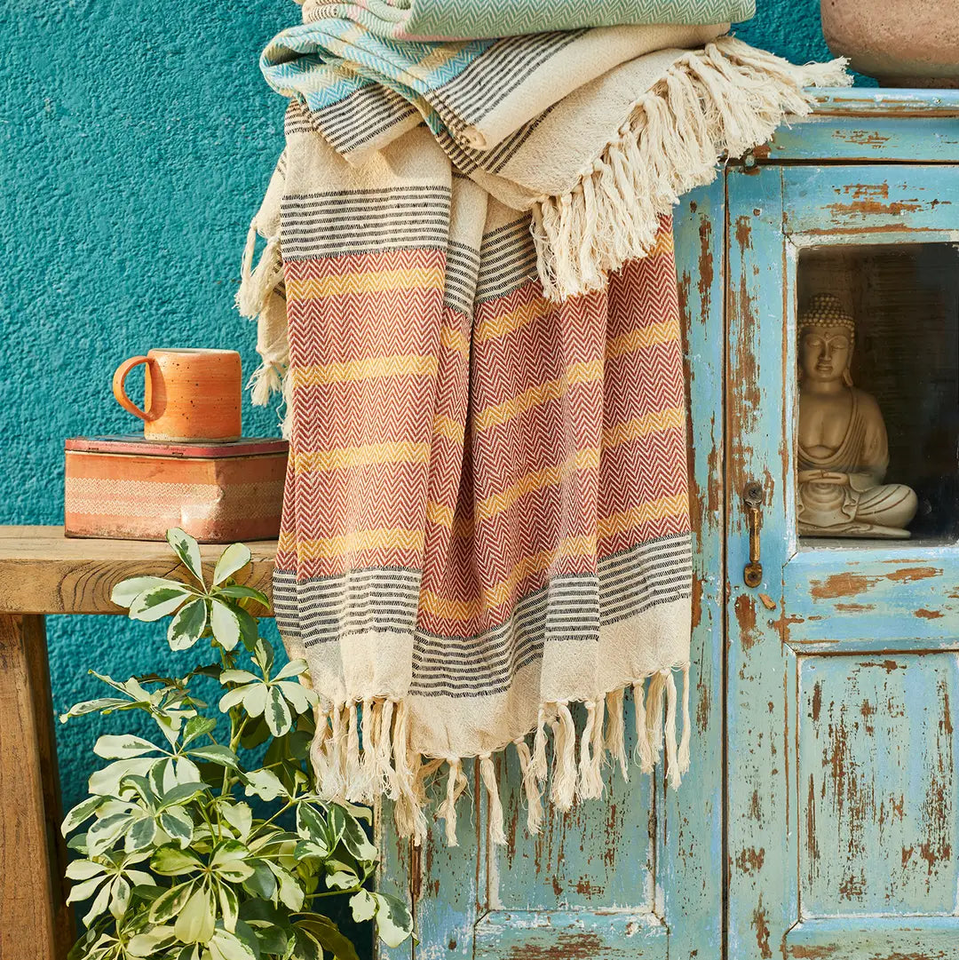 Handwoven cotton throw blanket with tassels