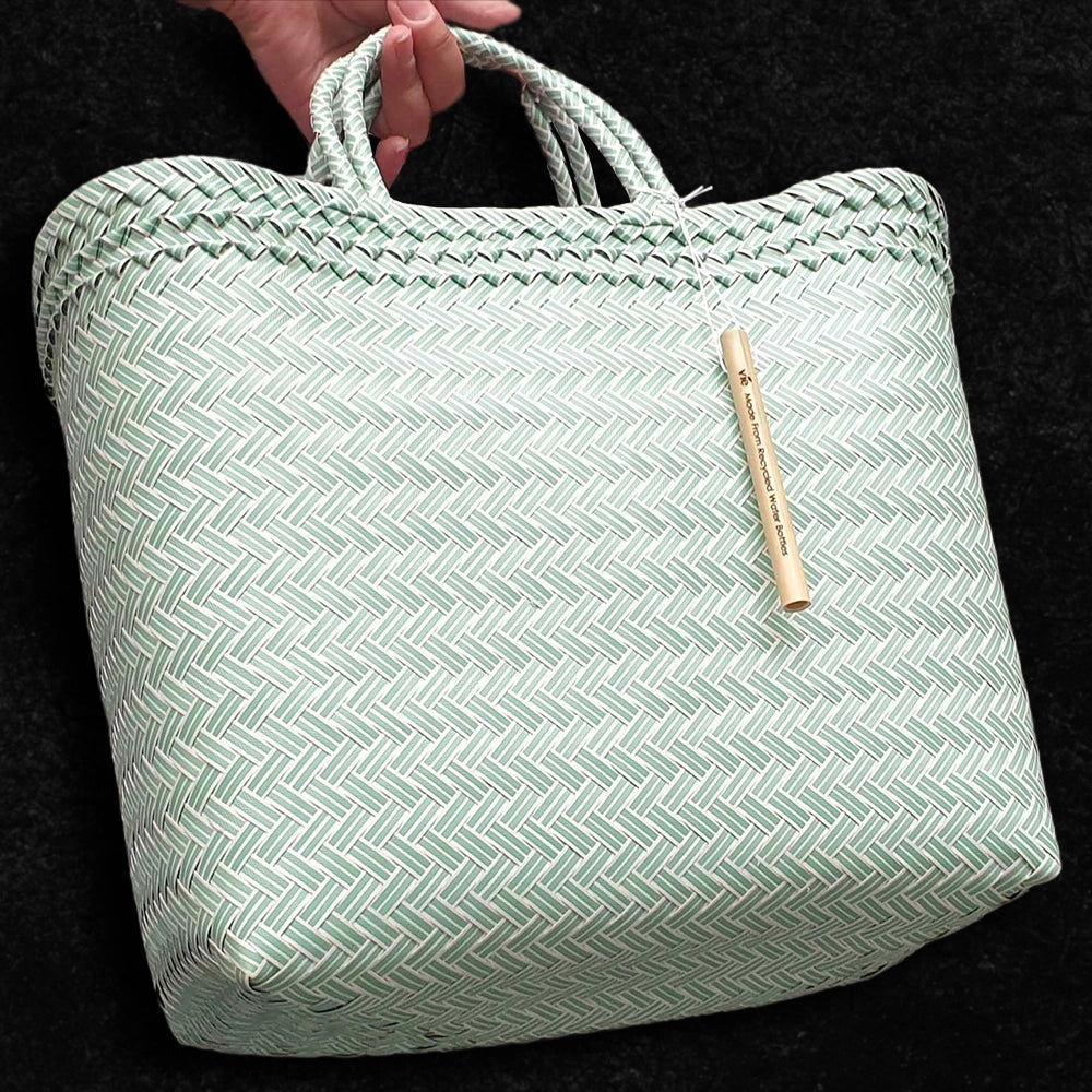 Large recycled plastic woven beach tote bag for holidays and shopping