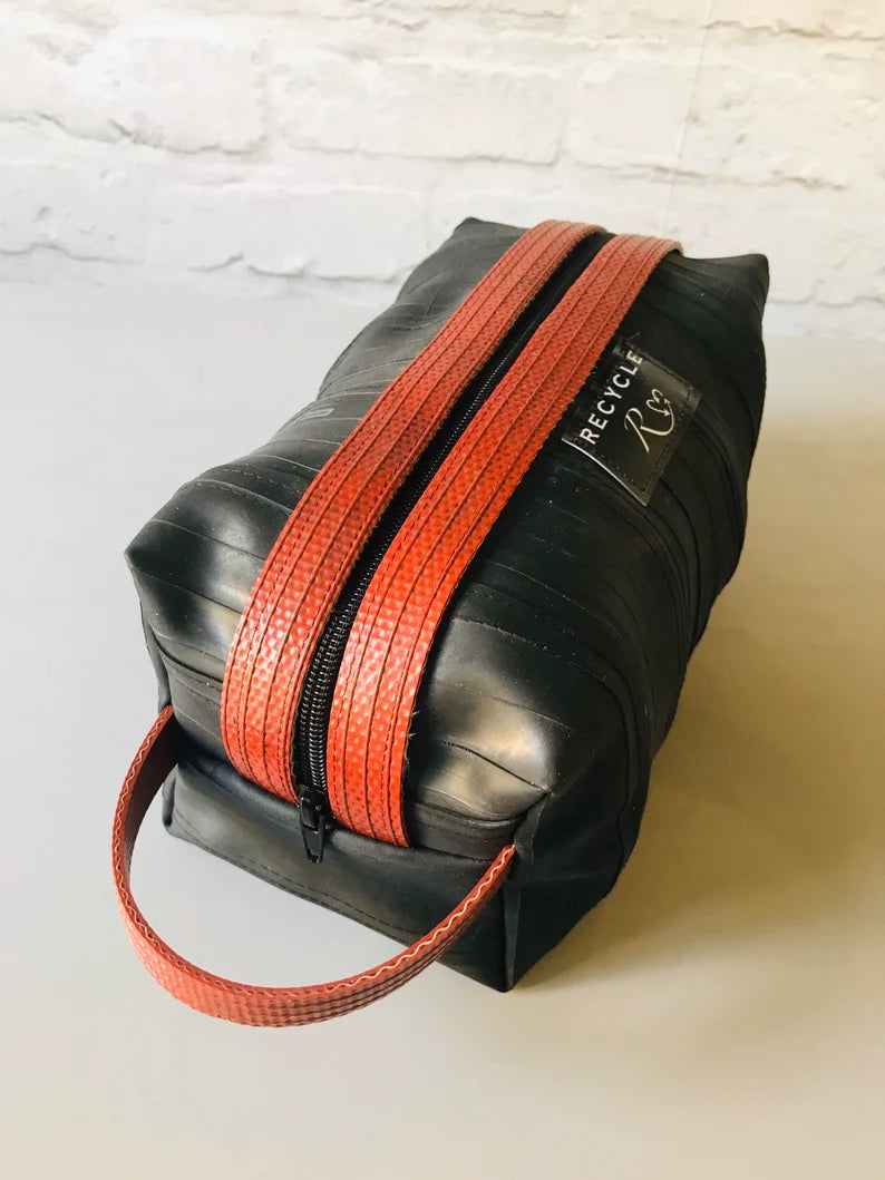 Eco‑friendly travel wash bag made from bicycle inner tubes