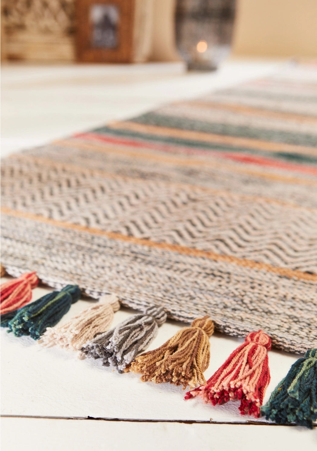Antara Indian handloom rug with multi-tonal tassels
