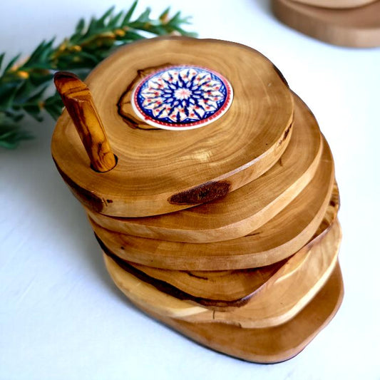 Olive wood coaster set with ceramic centre