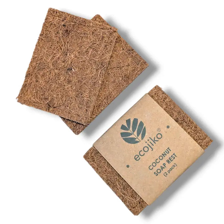 Pair of coconut coir soap rests and scouring pads made from natural coconut fibres