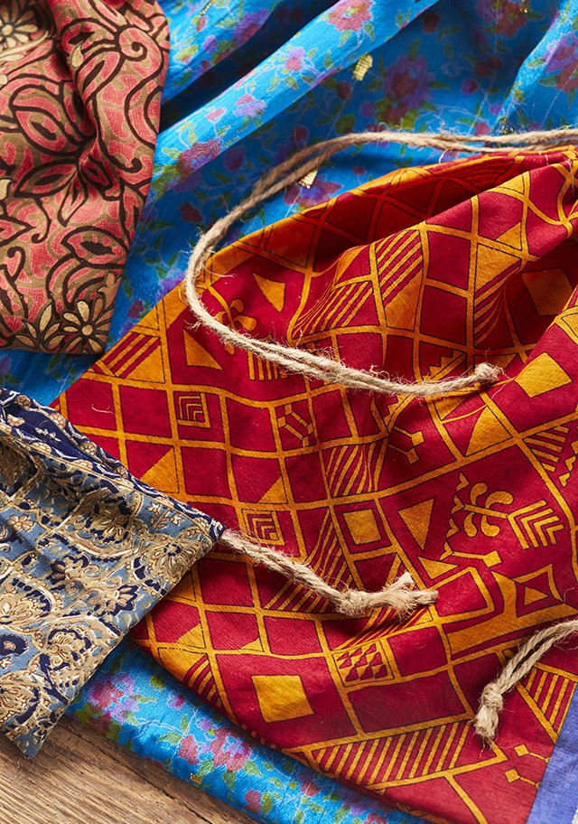 Colourful reusable sari fabric gift bag 
