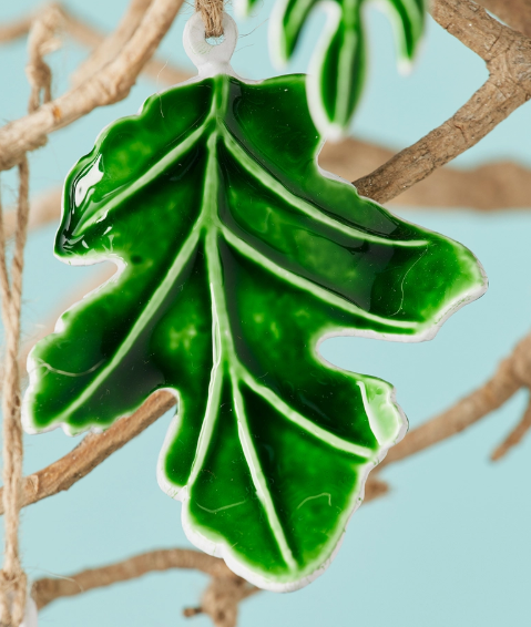 Green botanical leaf enamel hanging decoration with jute cord