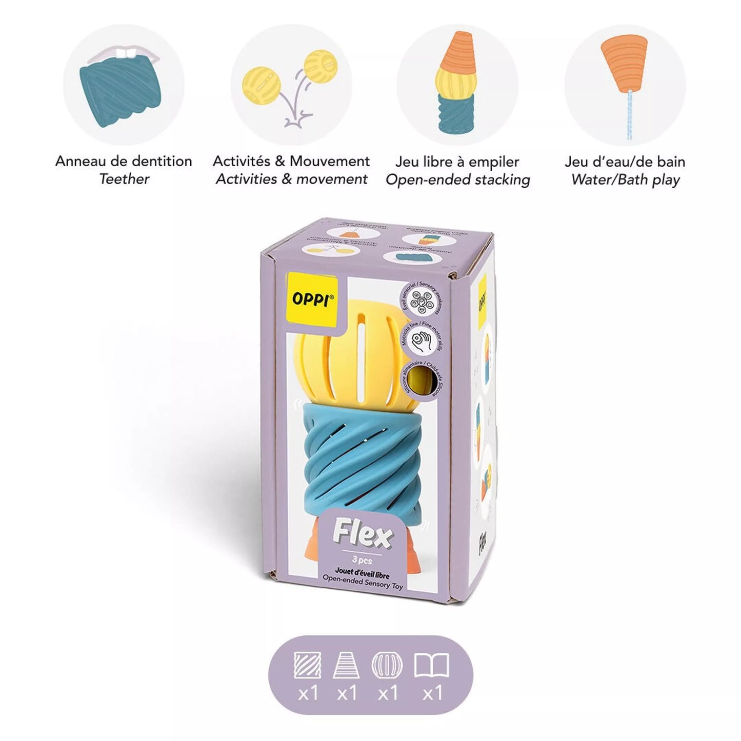 Baby Sensory Teething / Toy Set – Food‑Grade Silicone Shapes for Motor Development (Flex)