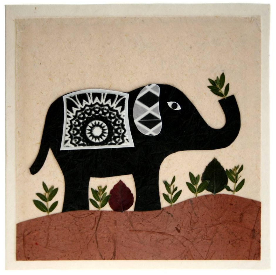 Handmade black elephant greetings card with pressed flowers