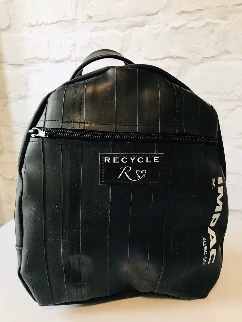 Upcycled inner tube mini backpack handmade from recycled materials