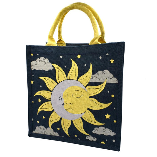 Jute Shopping Bag – Sun & Moon Design, 30 × 30 cm Eco Tote