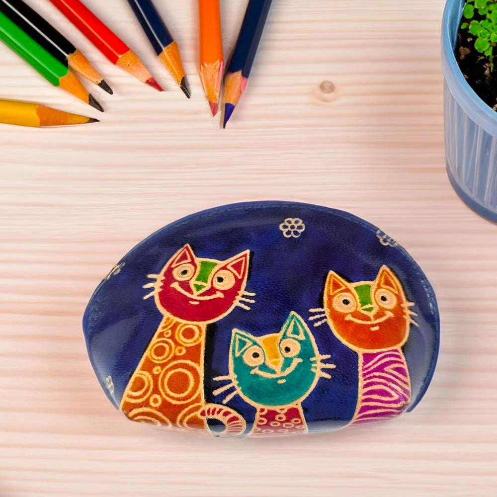 Hand‑painted leather purse with cats design 14×9 cm
