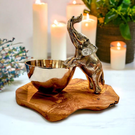 Natural Olive Wood Elephant Bowl for Home Décor