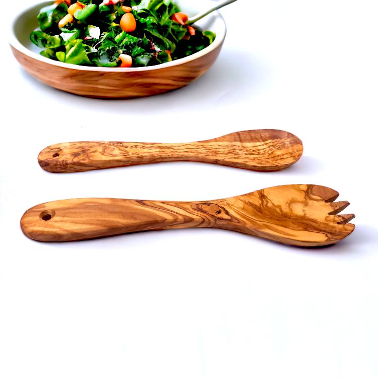 Handcrafted Olive Wood Salad Server Set - 28cm