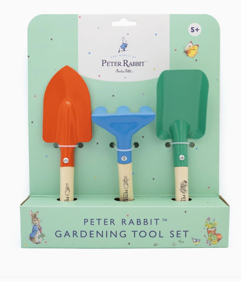 Peter Rabbit children's garden tool set with three metal gardening tools and wooden handles