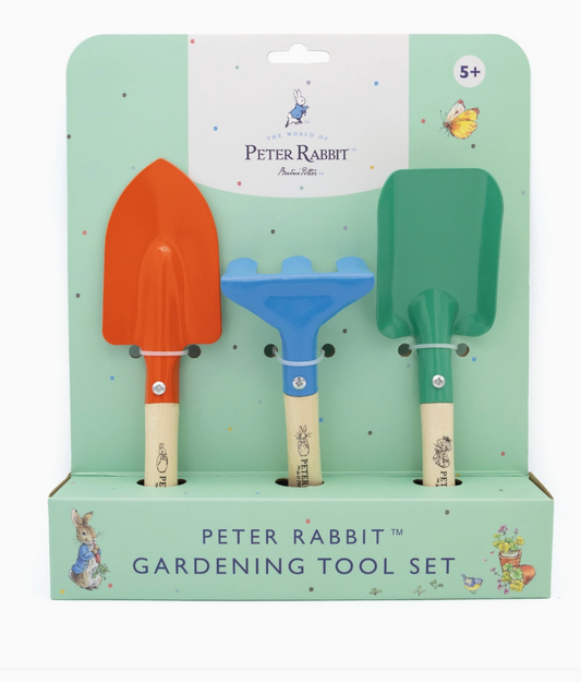 Peter Rabbit children's garden tool set with three metal gardening tools and wooden handles