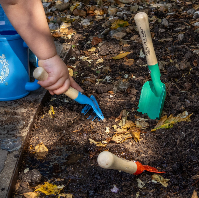 Peter Rabbit children's garden tool set with three metal gardening tools and wooden handles