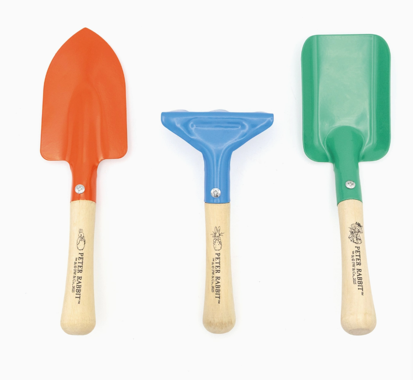 Peter Rabbit children's garden tool set with three metal gardening tools and wooden handles