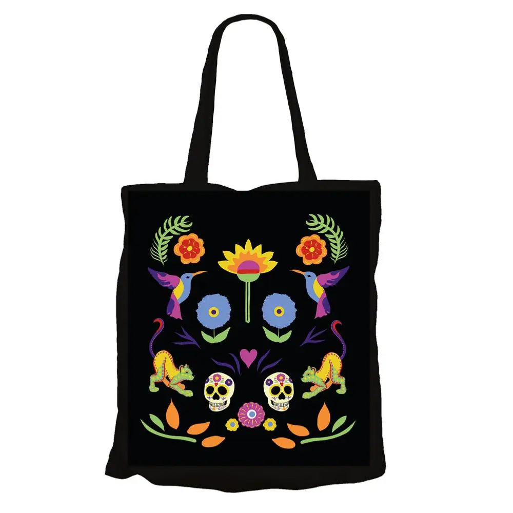 Recycled cotton tote bag with black ethnic art design