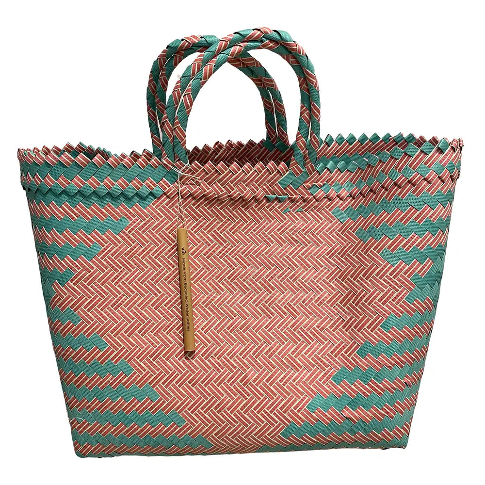 Large recycled plastic woven beach tote bag for holidays and shopping