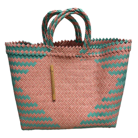 Large recycled plastic woven beach tote bag for holidays and shopping