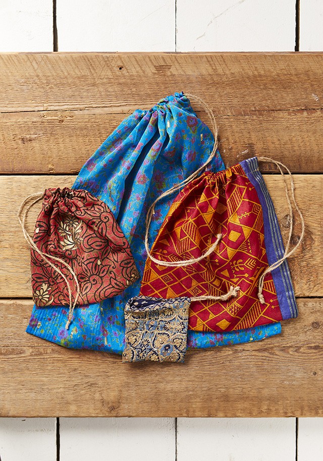 Recycled sari fabric gift bag with drawstring 38 x 50cm