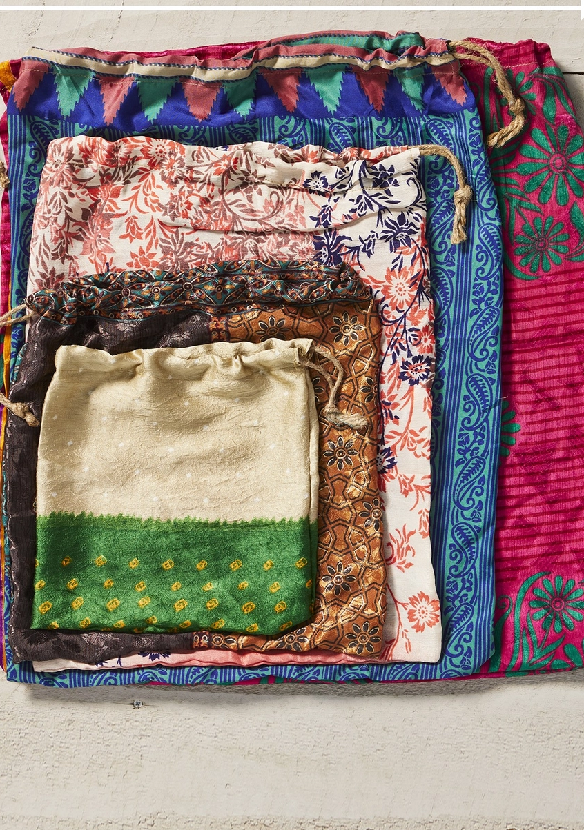 Recycled sari fabric gift bag with drawstring 38 x 50cm