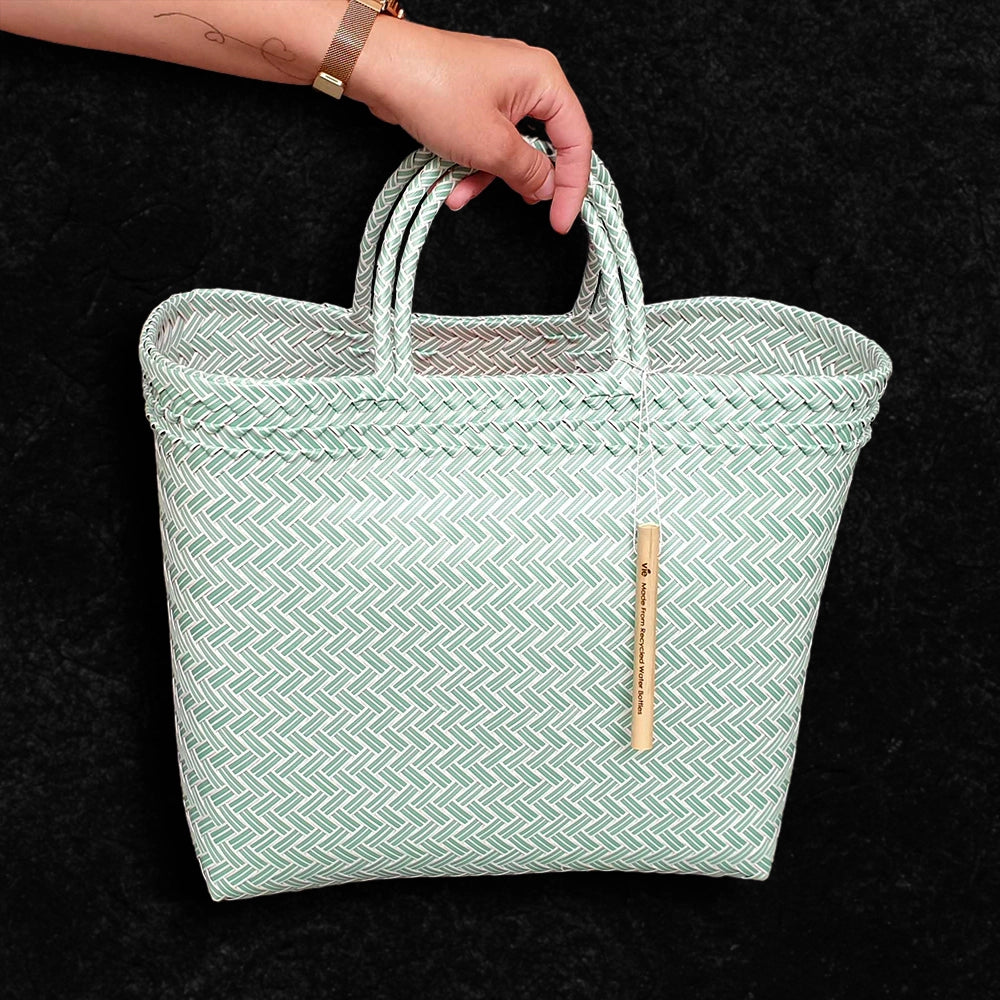 Large recycled plastic woven beach tote bag for holidays and shopping