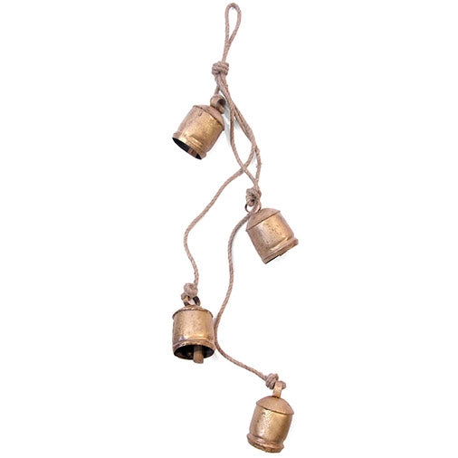 Four Large Vintage Bells On Rustic Rope