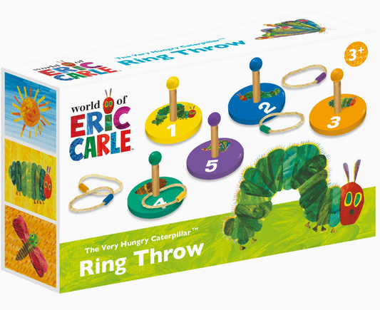 The Very Hungry Caterpillar wooden ring toss game with colourful targets and five rope rings
