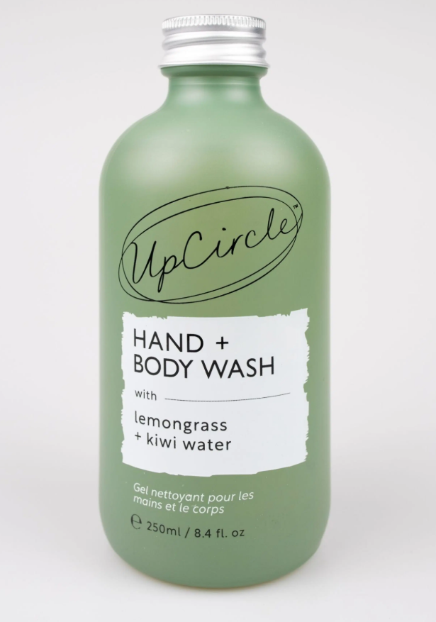 250ml bottle of UpCircle Hand + Body Wash with lemongrass and kiwi water.