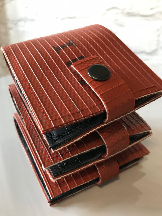Upcycled fire hose coin and card wallet