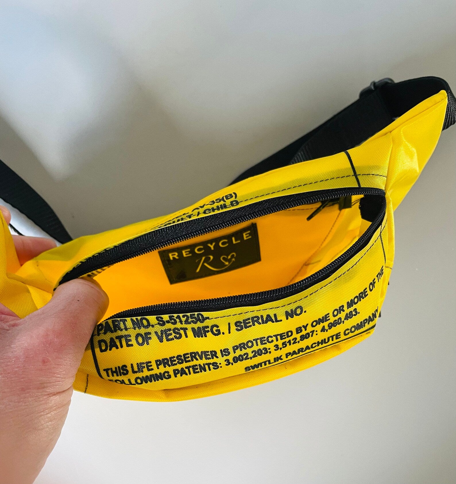 Handmade upcycled life vest bum bag made from recycled aircraft material