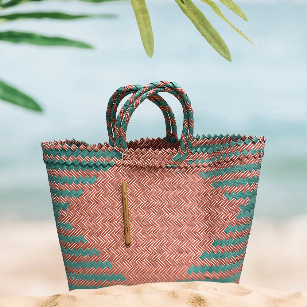 Large recycled plastic woven beach tote bag for holidays and shopping