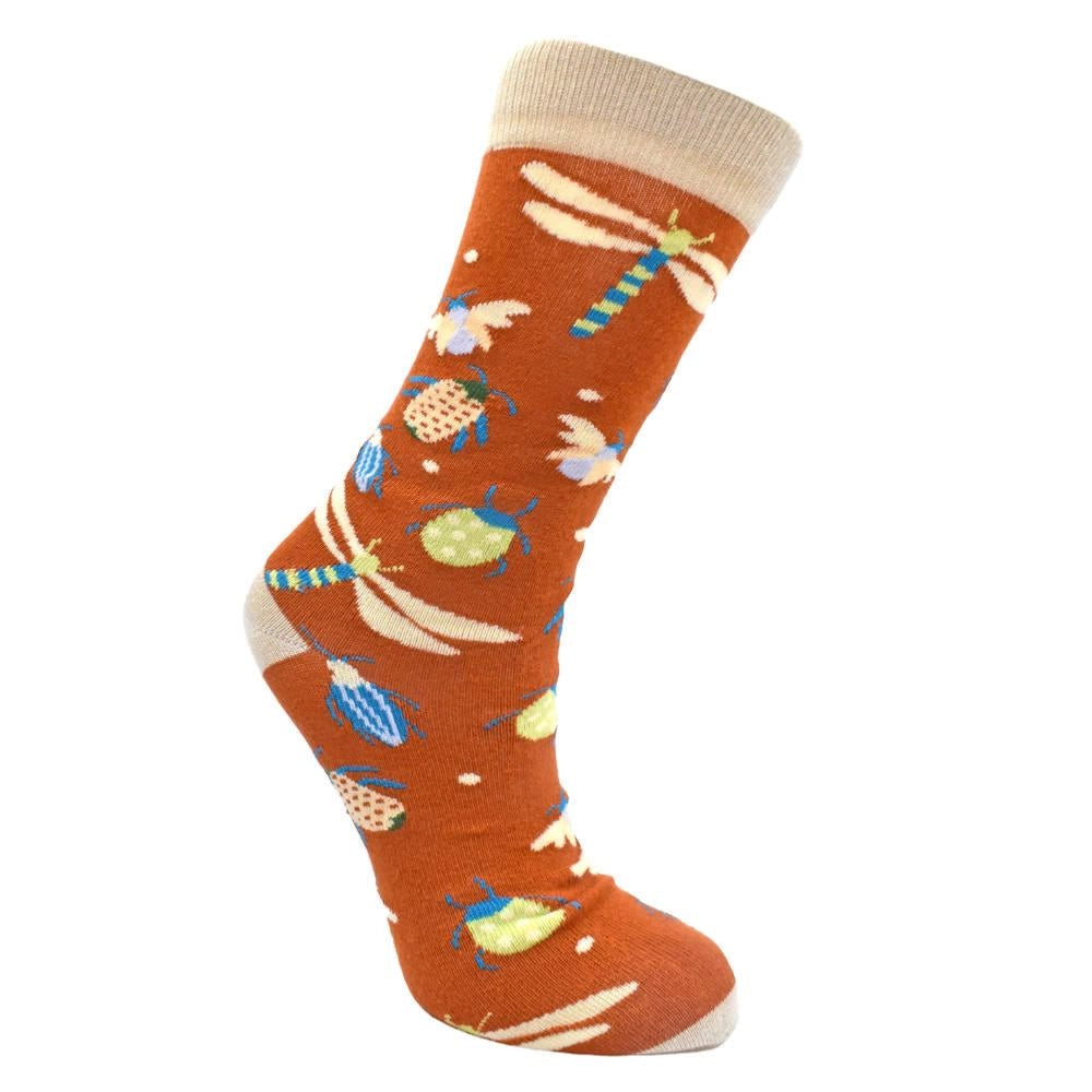 bamboo socks with a dragonfly & beetle pattern