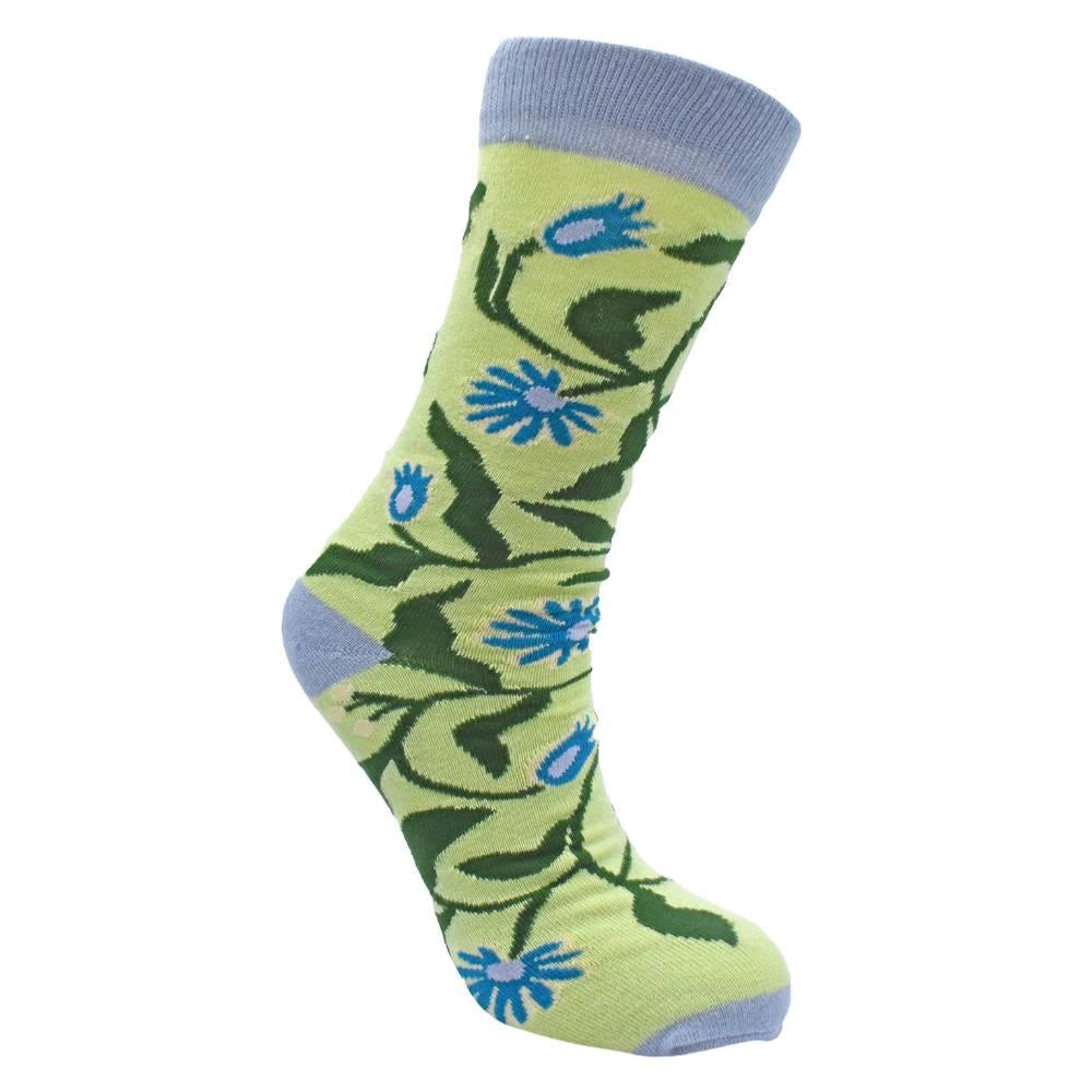 bamboo socks with blue climbing flower pattern