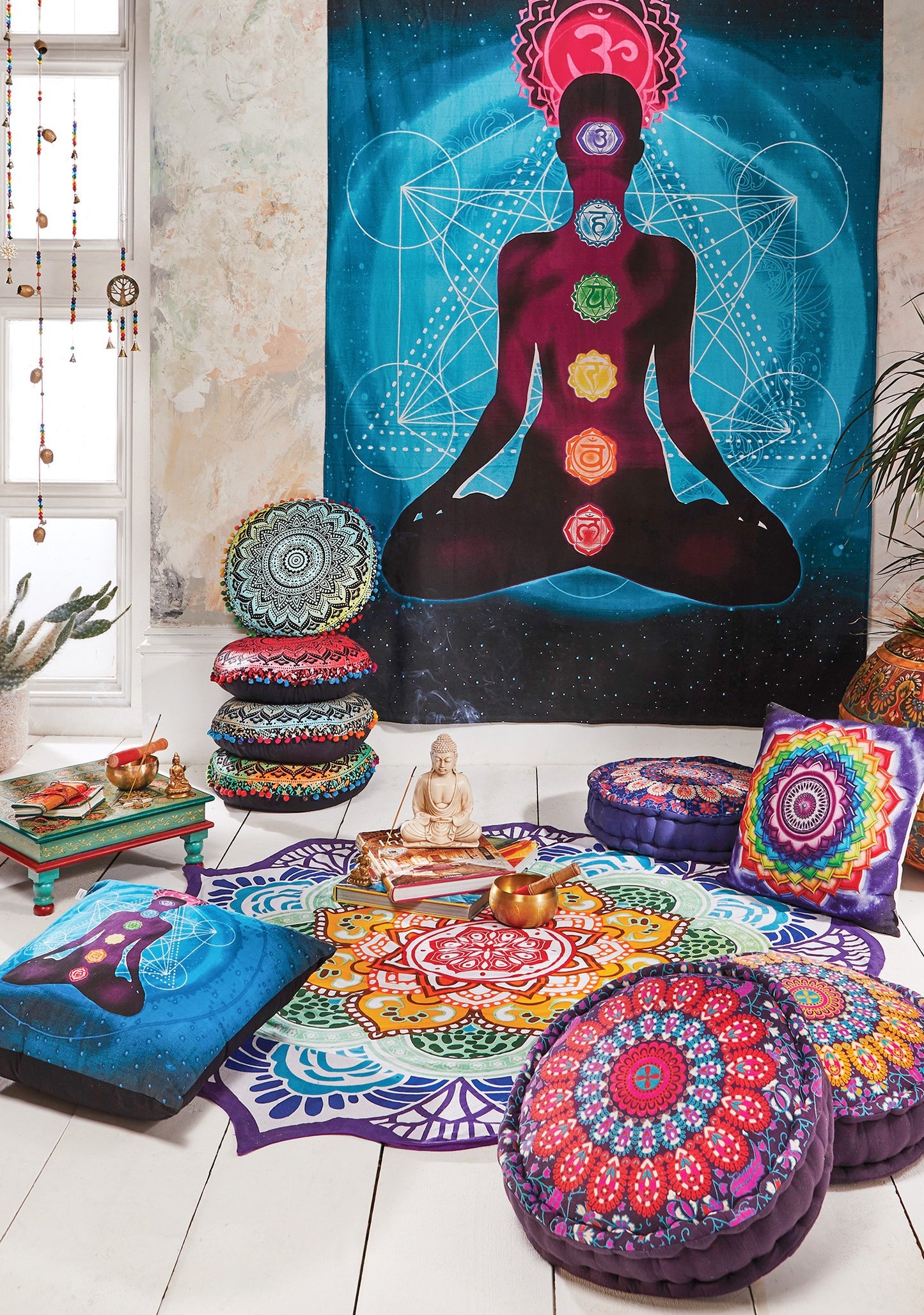 boho floor cushion pouffe - peacock print cotton meditation cushion