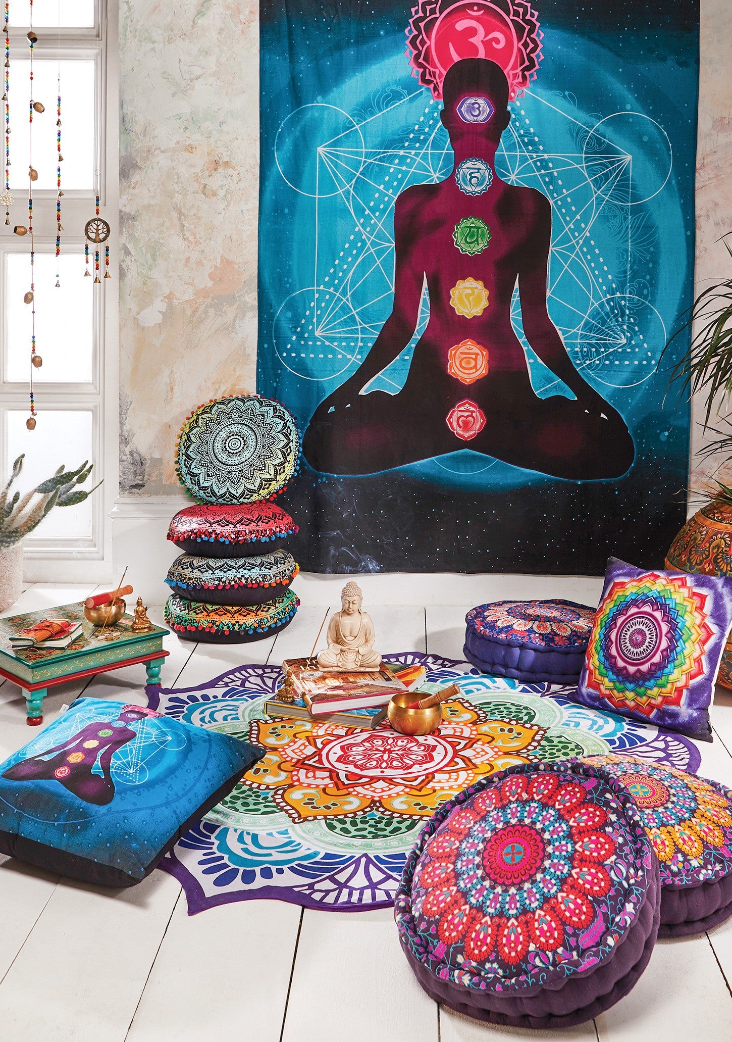 boho floor cushion pouffe - peacock print cotton meditation cushion