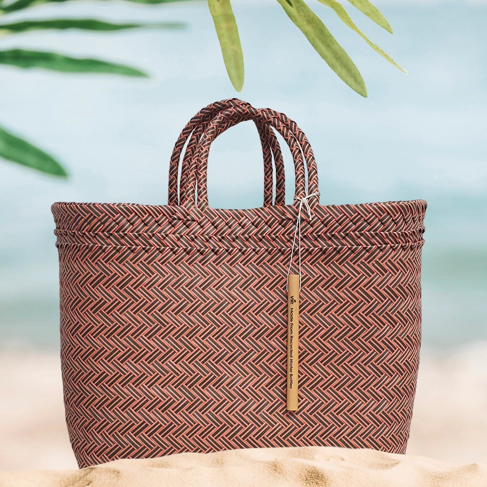 Large recycled plastic woven beach tote bag for holidays and shopping