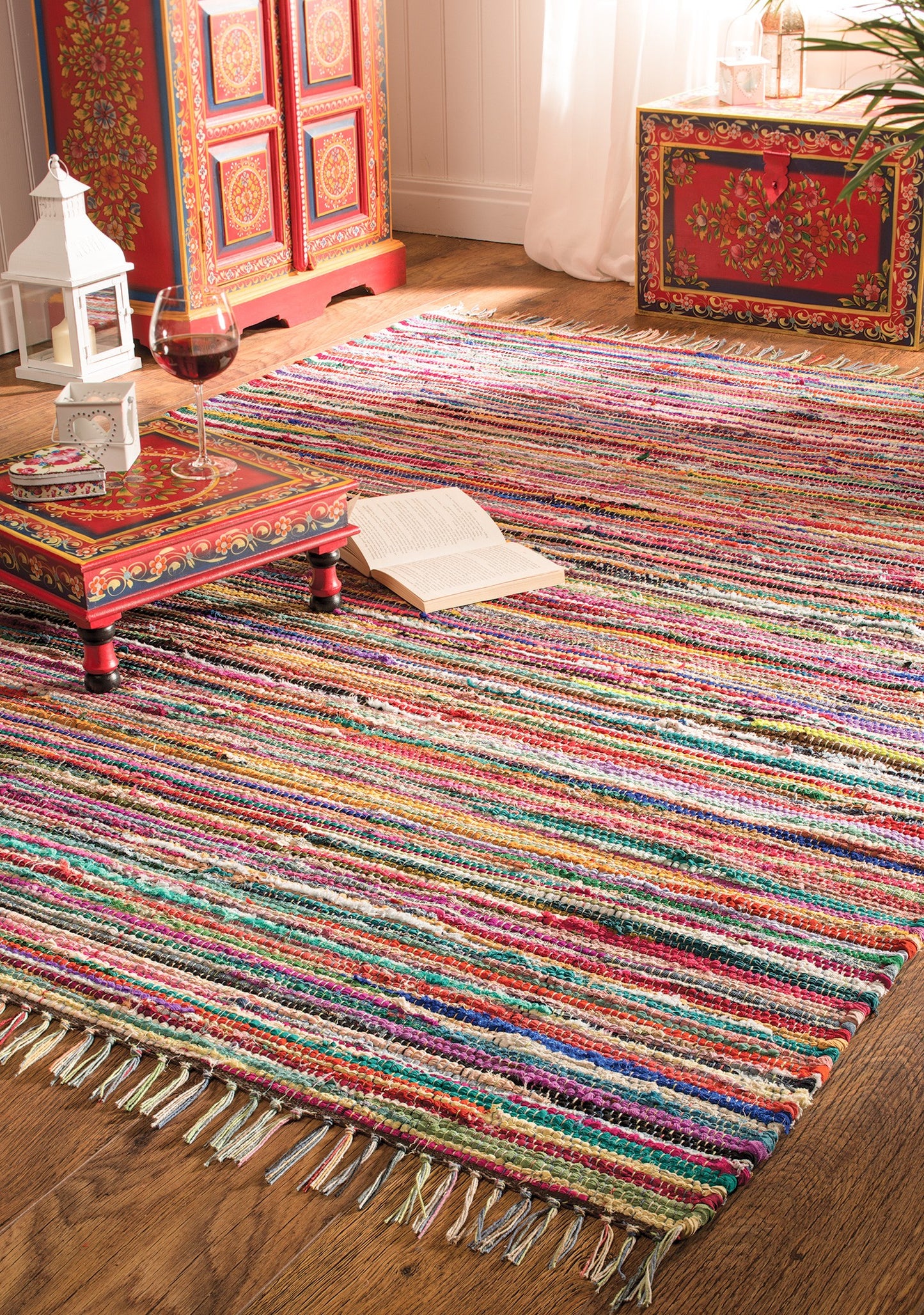 Multicolour recycled cotton rag rug 75x120cm handwoven chindi rug