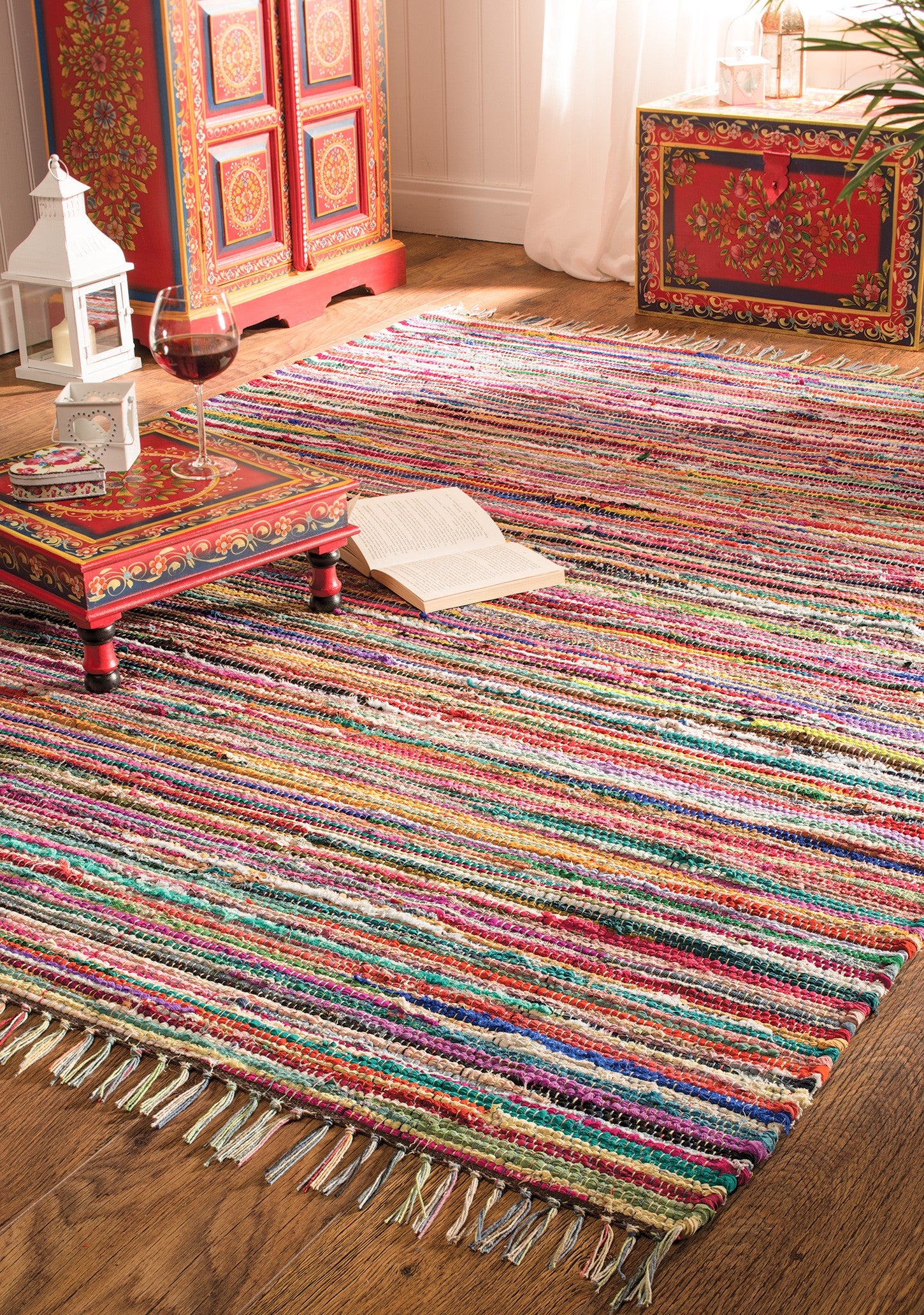 Multicolour recycled cotton rag rug 75x120cm handwoven chindi rug