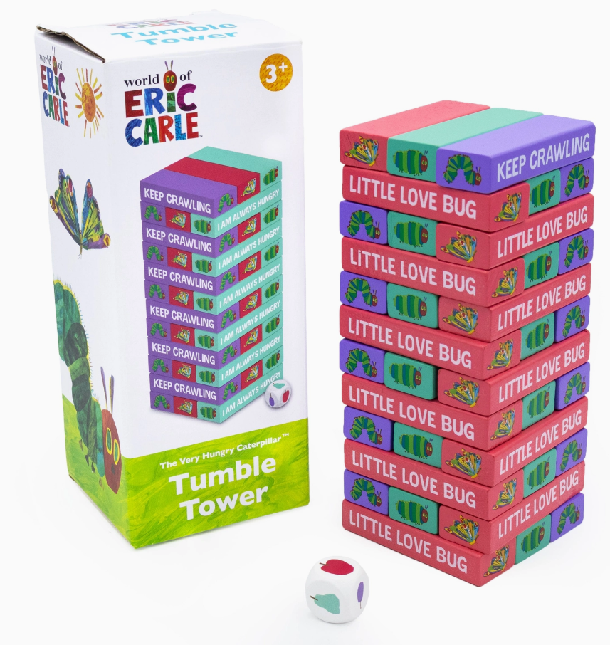 wooden tumble tower stacking game with colourful blocks and dice